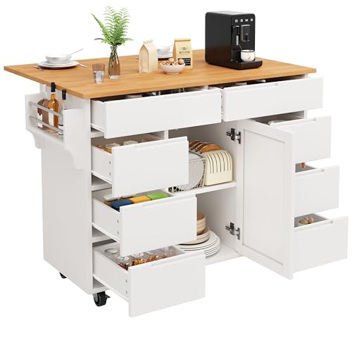 HYUB Isla de cocina, cocina independiente con ruedas y 8 cajones y encimera, carrito multifuncional con estante para especias y espacio de almacenamiento, para salón, cocina, color blanco - imagen 7
