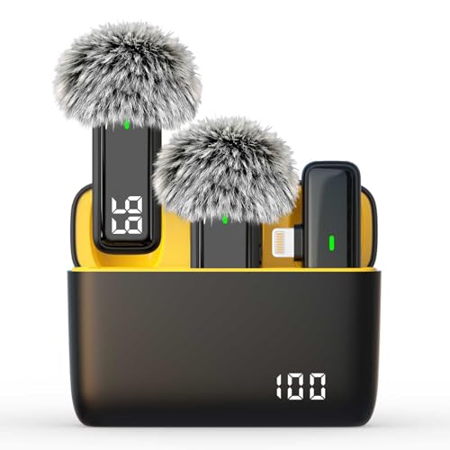 2 Pack Wireless Lavalier Lapel Microphone for iPhone 14/13/12/11 – Noise Canceling Lav Mic Clip On Microphones for iPad Video Recording Vlogging – 24H Charging Case 70FT, for iPhone14 and Below