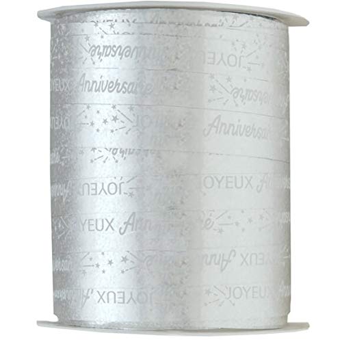 S R/6774-1 Bobine Ruban Bolduc Joyeux Anniversaire Argent métallique 25m