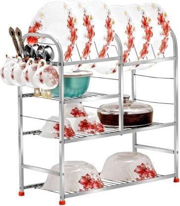 SHIVICREATIONS 4 Layer Kitchen Rack Dish Rack with Plate & Cutlery Stand Rack (24x24x10 Inches) Utensil Kitchen Rack (Steel)