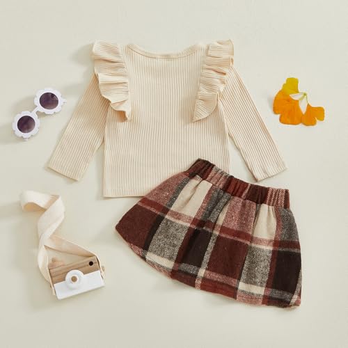 Girls Plaid Skirt Set Ruffle Long Sleeve T-Shirt Top Bow Skirt Fall Winter Toddler Outfits Baby Clothes4