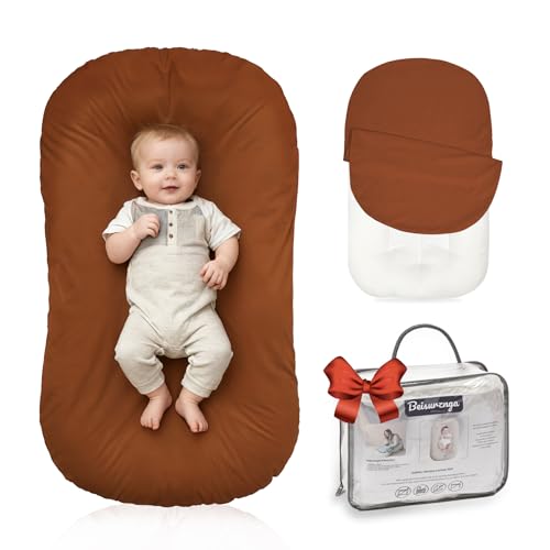 Image of Beisurznga Baby Lounger for Newborn - Snuggle Cozy Me Lounger | Breathable Soft Cotton, 0-24 Months Portable Playtime Baby Nest, Newborn Baby Essentials Gifts- Orange (1 Lounger + 1 Cover)