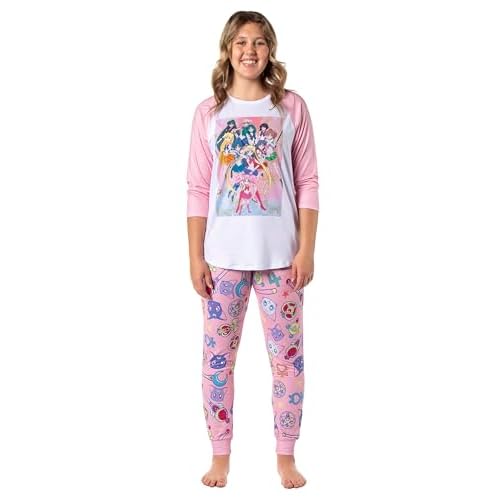 Bioworld Sailor Moon - Pijama para mujer con póster de personajes, camiseta raglán y pantalones deportivos, Rosado, M