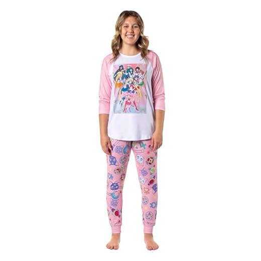 Bioworld Sailor Moon - Pijama para mujer con póster de personajes, camiseta raglán y pantalones deportivos, Rosado, M