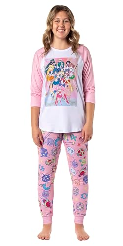 Bioworld Sailor Moon Pajamas Womens Character Poster Raglan Shirt And Jogger Pants Pajama Set (X-Large) Pink