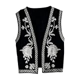LOVIVER Chaleco con bordado floral para mujer, cárdigan bohemio con abertura frontal para viajes y vacaciones, Negro