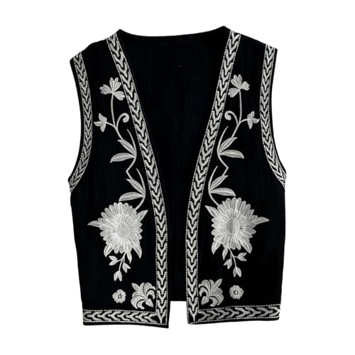 UxicRuya Chaleco de Mujer con Bordado Floral, Estilo Boho, Sin Mangas, para Vacaciones, Negro, universal