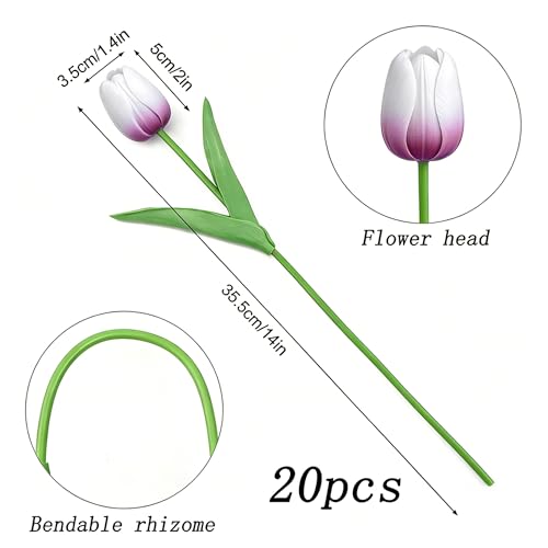 Image of 20Pcs Stems 13.5 Inch White Purple PU Artificial Moisturizing Tulips, Faux White Purple Tulips Flowers for Thanksgiving Christmas Decorations Wedding Home Table Vase Floral Arrangements