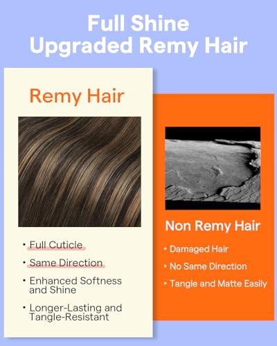 Image of Full Shine Human Hair Clip in Extensions Double Weft | Clip Hair Extensions Real Human Hair, Balayage Dark Brown to Ash Brown, Remy Hair, Straight Hair, 20 Inch 7 Pcs 120g