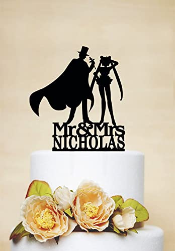 Wedding Cake Topper,Sailor & Tuxedo Mask Silhouette,Custom Cake Topper,Mr And Mrs Cake Topper With Last Name #TOP22