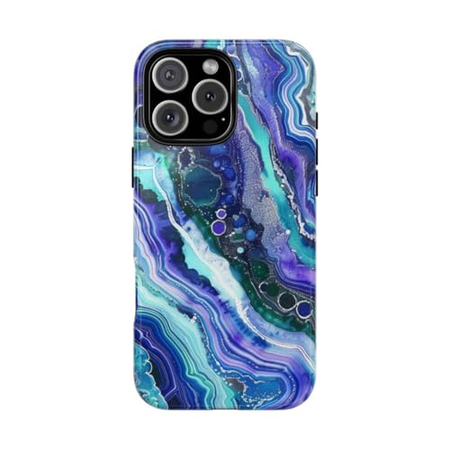 Coque iPhone 16 Pro Max rigide et brillante à motif géode bleu