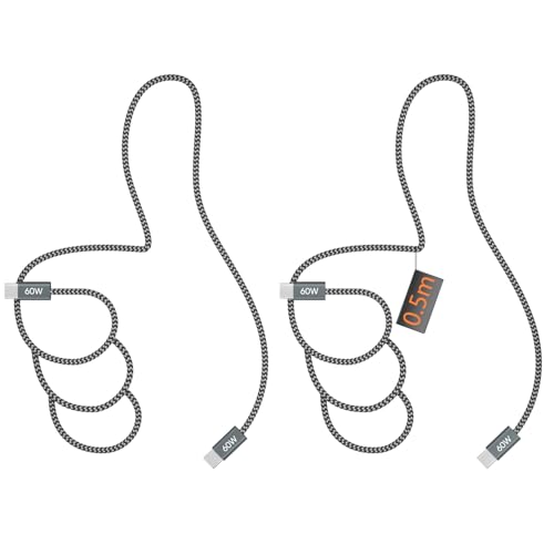 Cable USB C a USB C de 0,5 m, 60 W PD 3.0, cable de carga rápida tipo C a tipo C, cable de carga de 50 cm, compatible con iPhone 16/15, MacBook Pro, iPad Pro 2020, MacBook Air, Galaxy S24 S23, Huawei