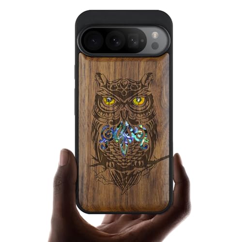 Etui Bois Google Pixel 9 Pro XL avec gravure hibou luxe