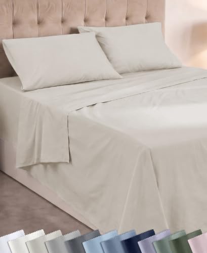 Image of Super Soft 100% Cotton Twin Size Bed Sheet Set, 3 Pc Set, Beige