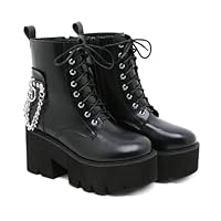 GHSIRUEU Platform Combat Boots Ladies Buckle Chunky Block Heel Side Zipper Gothic Ankle Boots,Black,2 UK