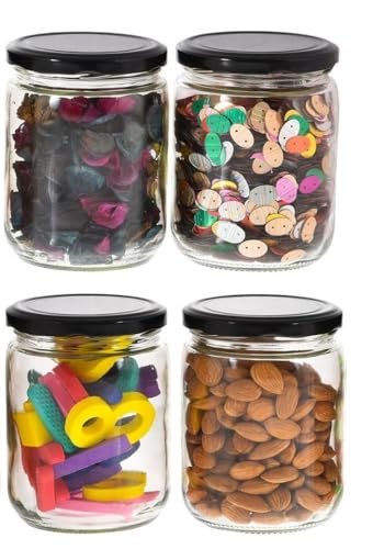 Image of Glassbunny 500ml Glass Jar with Rust Proof Air Tight Black Lid, Suitable to Use in Your Home Office, Kitchen Storage, Pack of 4