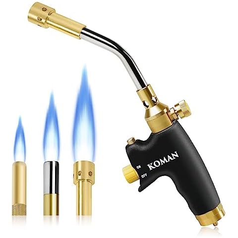 KOMAN Propane Torch Head Kit with 3 Nozzles, High Intensity Trigger Start MAPP Gas Torch with Self Ignition, Soldering Torch Kit,Map Gas Torch Kit, MAP/PRO,Welding Torch,for Soldering(CSA Certified) Cover