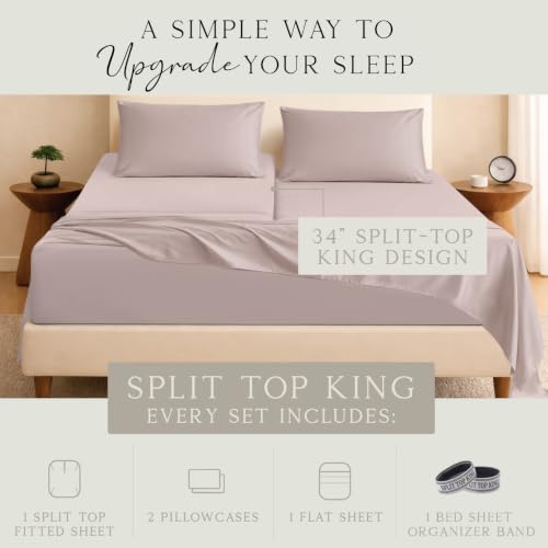 Image of KARISSA MAE Bamboo Viscose 34 inch Split Top King Size Sheet Set, FSC Certified | Single 34 inch Split Fitted Sheet | Sleep Number & Adjustable Bed | Cooling | 18 inch Deep Pocket w / Corner Straps [Dusty Rose]