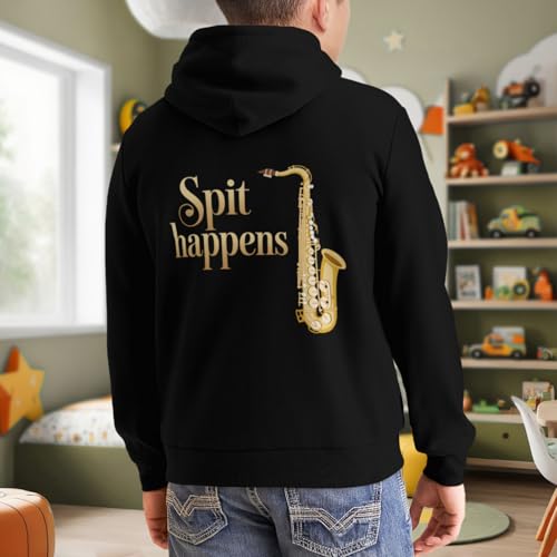 Kids Saxophone Spit Happens Funny Saxophone Gifts Boys Girls Lightweight Kangaroo Pocket Fleece Hoodies 7