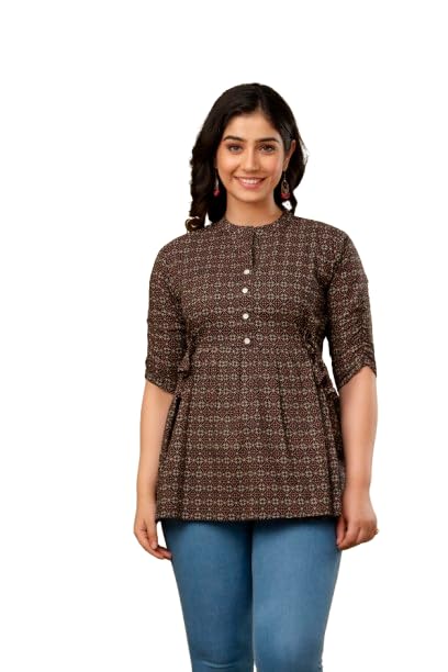 vivan enterprises Women's 100% Cotton Floral Printed Tunic Top with Drawstring Waist | Button-Front Short Kurti Shirt | Regular Fit Casual & Ethnic Office Wear | Stylish Cotton Top for Women & Girls-picture-35