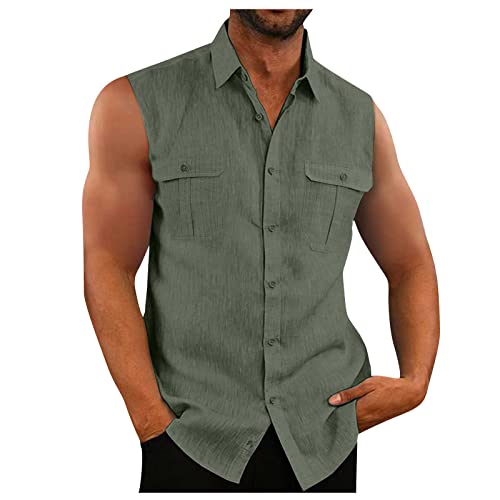 Slim Fit T-Shirt Herren Arbeitshemden Herren Langarm Haweihemd Revers Einfarbiges Knopfleiste Tank Top Ärmellos Baumwoll Leinen Sommerhemd Mit Brusttasche Basic T Shirt Poloshirt Herren (Grün M)