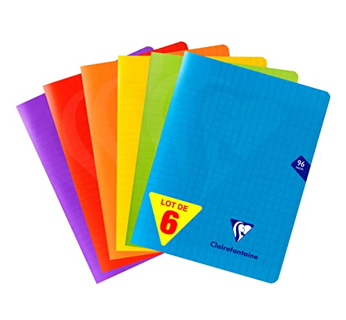 Clairefontaine 293741AMZC Lot de 6 Cahiers Agrafés Mimesys - 17x22 cm - 96 Pages Grands Carreaux - Papier Blanc 90 g - Couverture Polypro (Bleu, Rouge, Vert, Jaune, Violet, Orange)