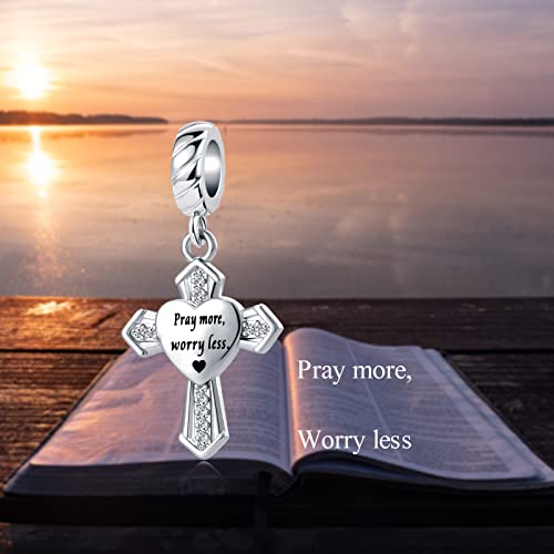 Qeensekc Heart Holy Bible Dangle Charm Religious Cross Cz Bead For European Bracelet Pray More Worry Less #TOP3