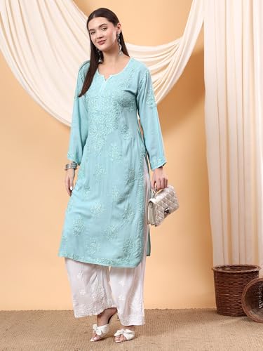 Image of POSHAK CHIKAN STUDIO Women's Hand Embroidered Lucknowi Chikankari Modal Straight Long Kurta, heer