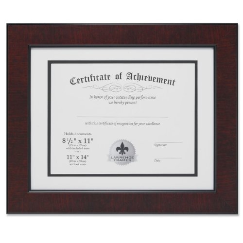Lawrence Frames Dual Use Faux Burl 11 by 14-Inch Certificate Picture Frame with Double Bevel Cut Matting for 8.5 by 11-Inch Document, Mahogany
