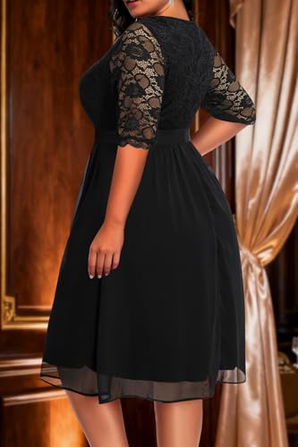 Image of Pinup Fashion Plus Size Lace Chiffon Wrap V Neck Dresses Women Cocktail Wedding Guest Midi Dress