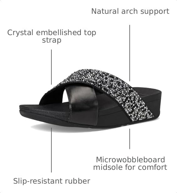 Image of FitFlop Womens Lulu Crystal-Mix Metallic Cross Slides All Black Sandal