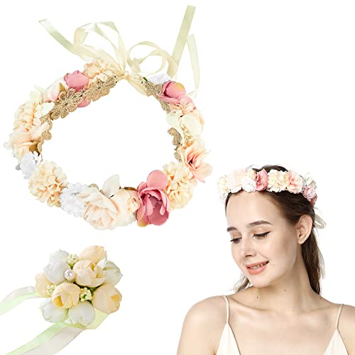 SCHYIDA Blumenkranz, Blumen Haarreif mit Armband-Set Blume Krone Stirnband...