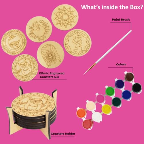Image of Asian Hobby Crafts DIY Ethnic Coaster Painting Kit - 6 Pre-Marked Coasters, Paint & Brush | Warli, Madhubani, Gond, Indian Folk Art Kit for Kids & Adults (4-12) | Birthday Return Gift Craft Set