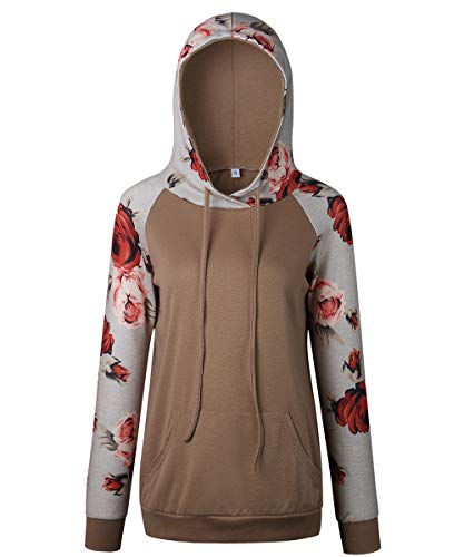 Begonia.K Women's Floral Print Long Sleeve Hoodies Drawstring Casual Top Sweatshirt with Pockets (Khaki, Medium)