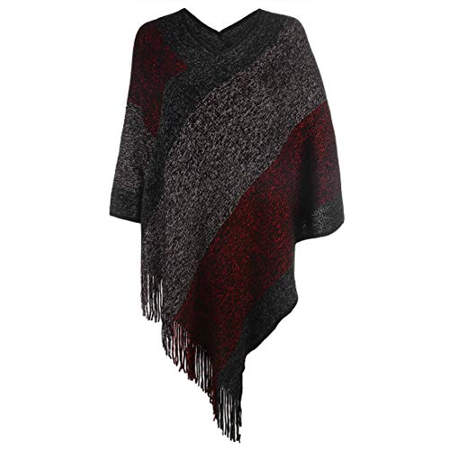 Image of Women's Elegant Knitted Shawl Poncho with Fringed V-Neck Striped Sweater Pullover Cape Gifts for Women Mom