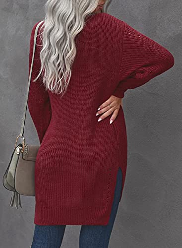Dokotoo Womens Plus Size Winter Fall Oversized Open Front Cozy Long Sleeve Side Slit Cardigans Sweaters Ladies Chunky Cable Knitted Casual Coats Outerwear Cardigans Jackets With Pockets Wine Large #TOP1