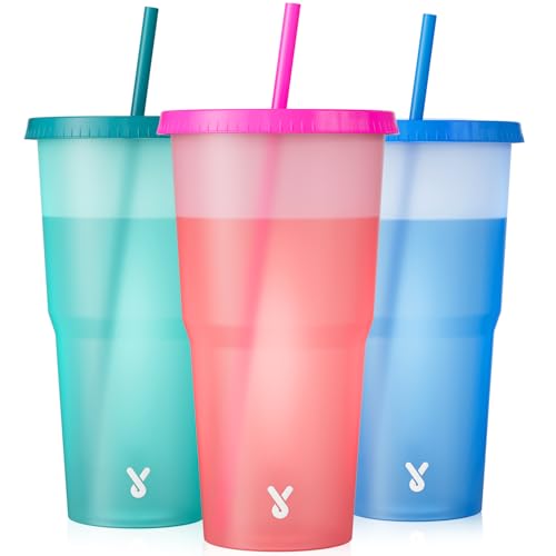 Meoky Plastic Cups with Lids and Straws - 3 Pack 40 oz Tumblers Bulk Reusable Color Changing Cups for Party Car Women Adults Iced Coffee BPA-free