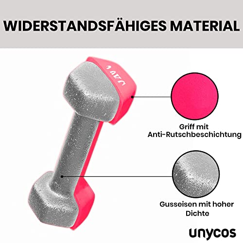 Foto von unycos - Kurzhanteln 2er-Set - Fitnesstraining - Kurzhantelset - Hexagon - rutschfest | Training zu Hause und im Fitnessstudio, Krafttraining, Aerobic, Pilates, Fitness (Pinke, 2 Kg)