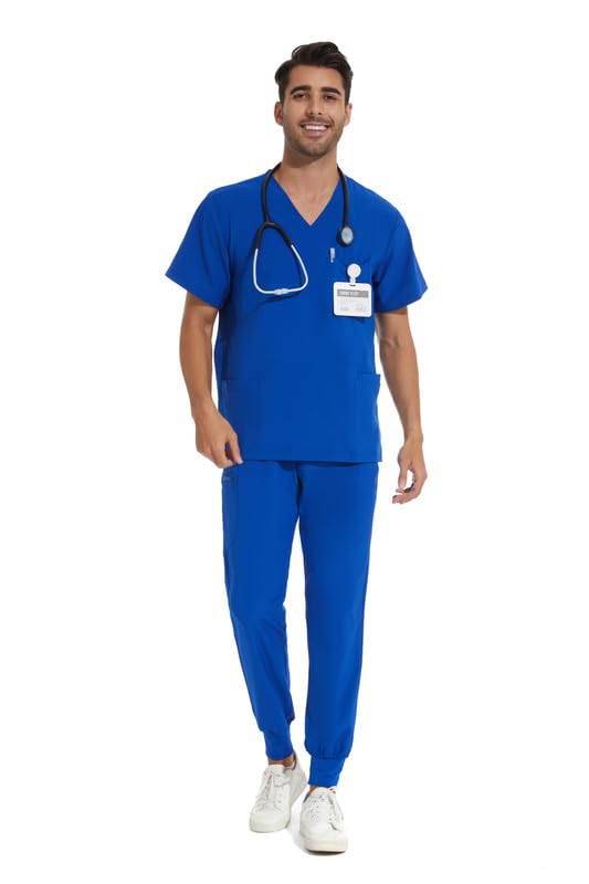 COZYFIT Men Scrubs Set — Stretch V-Neck Scrub Top & Jogger Pant with 8 Pockets, Yoga Waistband, Anti-Wrinkle Scrubs for Men, Royal Blue, M
