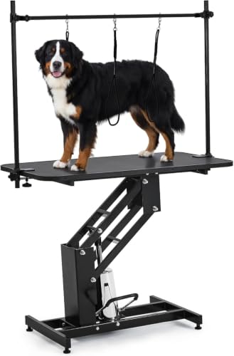 Garvee 43.3' Hydraulic Dog Grooming Table for Pet, Heavy Duty Structural Hydraulic Max Load 350Lbs Professional Pet Grooming Table with Adjustable Overhead Arm & Noose Height Range 22''-39'' (Black)