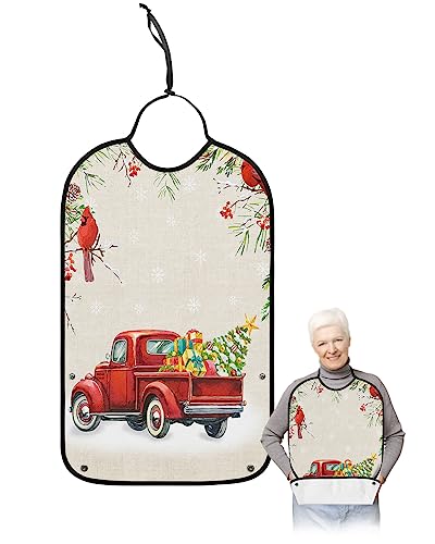 Christmas Red Truck Adult Bibs for Eating, Waterproof Bibs with Food Catcher & Adjustable Snap Closure, Xmas Tree Bird Berries Snowflake Washable Clothing Protectors Adult Bibs for Elderly Women/Men