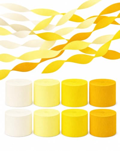 Image of 8 Yellow Streamers with White, 656ft Pack of Crepe Paper Party Decorations | Each roll is 82 ft long and 1.8 Inch wide ideal for Birthday Party Decor, Graduation Parties and Summer Parties