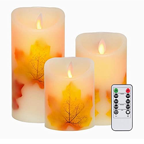 Dreamworth LED Candle Lights, Set of 3 Maple Leaf Wax Flameless LED Battery Operated Pillar Candles with Remote Control for Decoration Wedding Thanksgiving Day