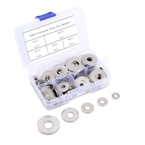 Pack de 100 Arandelas Planas, Arandelas Planas Redondas de Acero Inoxidable en Color Plata, Arandelas Metálicas en Cinco Tamaños, Arandelas Planas Redondas, Arandelas de Reparación