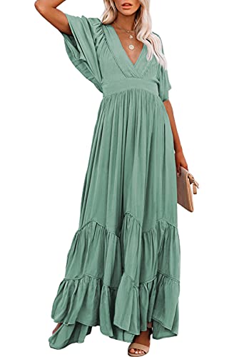 Women Boho Ruffle Maxi Dress Summer Half Sleeve Pleated Empire Waist Long Dresses Sage Green L