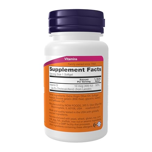 NOW Supplements, Vitamin D-3 400 IU, Strong Bones*, Structural support*, 180 Softgels - Image 3