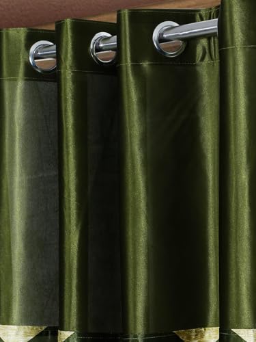 Image of Home Sizzler 2 Pieces Solid Patch Zigzag Print Eyelet Polyester Window Curtain - 5 Feet, Green
