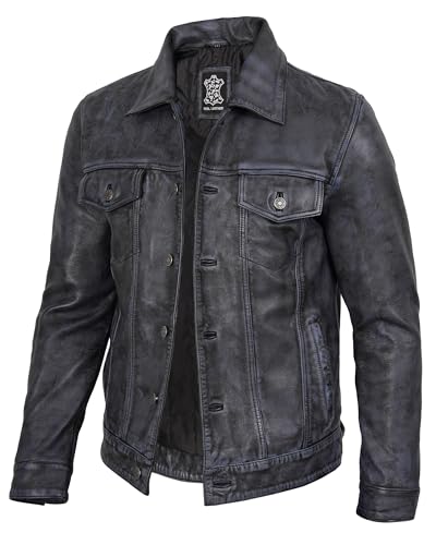 Image of fjackets Real Lambskin Vintage Trucker Leather Jacket Men - Shirt Collar Style Leather Jackets For Mens