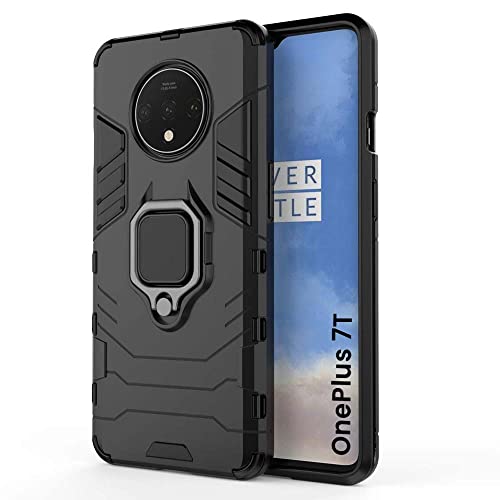 Image of WOW IMAGINE Shock Proof Back Case Mobile Cover for 1+ OnePlus 7T (Armor | Hybrid PC + TPU | Full Protection with Ring Holder Kickstand | Carbon Black)