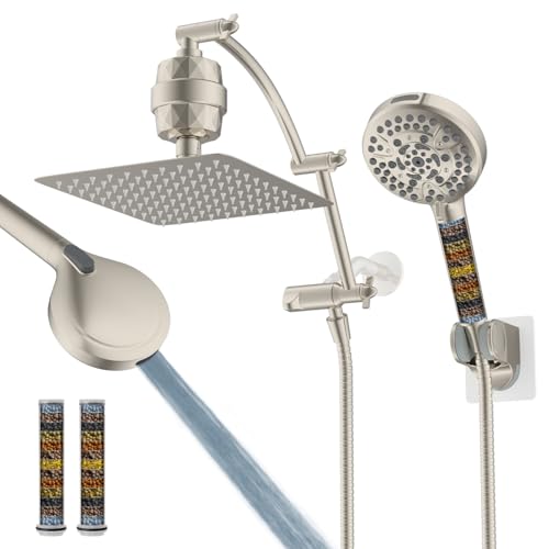 Hibbent All Metal 10'' Dual Filtered Rainfall Shower Head Combo, High Pressure Handheld Shower Head with 16'' Adjustable Extension Arm, 20 Stage Shower Filter, 10-Spray, 71'' Hose, Brushed N
